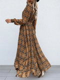 Slit Plaid Tie Neck Long Sleeve Maxi Dress - Trendsi - Flyclothing LLC