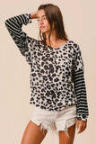BiBi Leopard Hacci Knit Twist Back Top With Stripe Sleeve - Trendsi - Flyclothing LLC