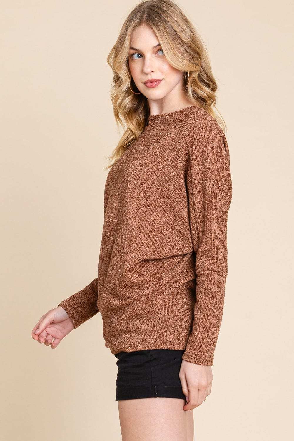 BOMBOM Drop Shoulder Long Sleeve Knit Top - Trendsi - Flyclothing LLC