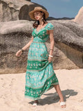 Smocked Printed V-Neck Dress - Trendsi - Flyclothing LLC