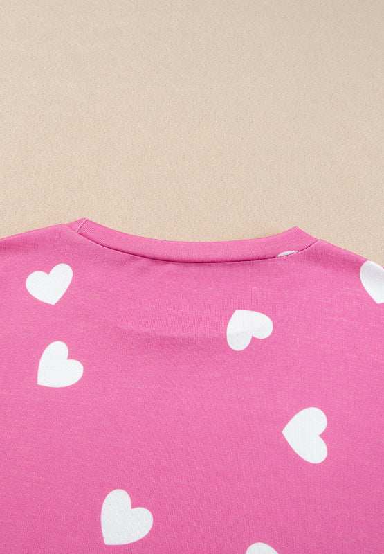 Heart Round Neck Long Sleeve Top and Elastic Waist Shorts Set - Trendsi - Flyclothing LLC