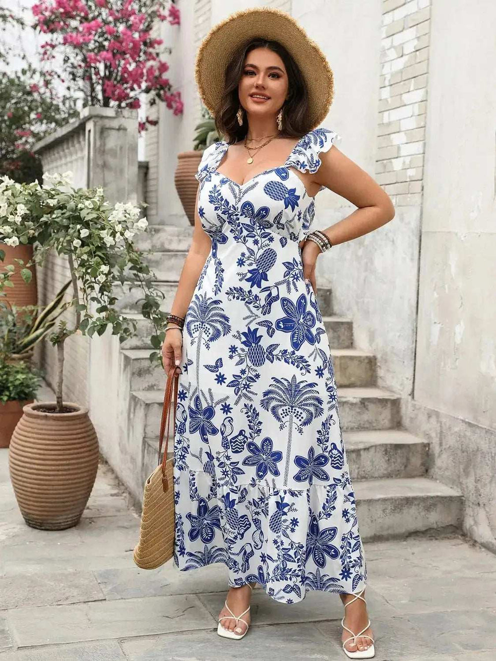 Plus Size Ruffled Printed Sweetheart Neck Maxi Cami Dress - Trendsi - Flyclothing LLC