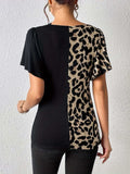 Ruched Leopard Flutter Sleeve T-Shirt - Trendsi - Flyclothing LLC