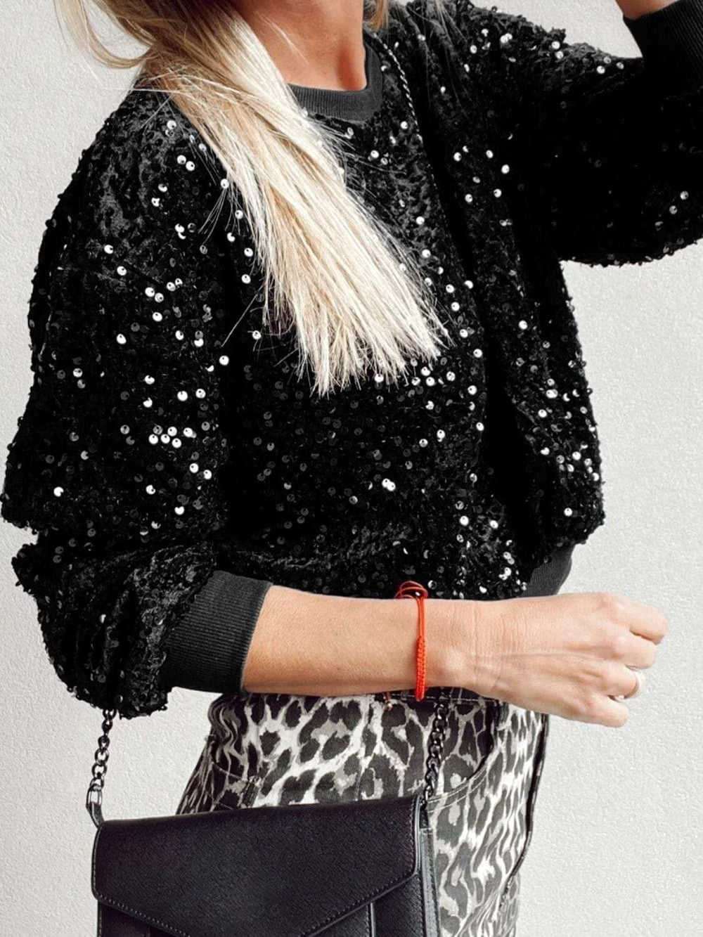Sequin Round Neck Long Sleeve Blouse - Trendsi - Flyclothing LLC