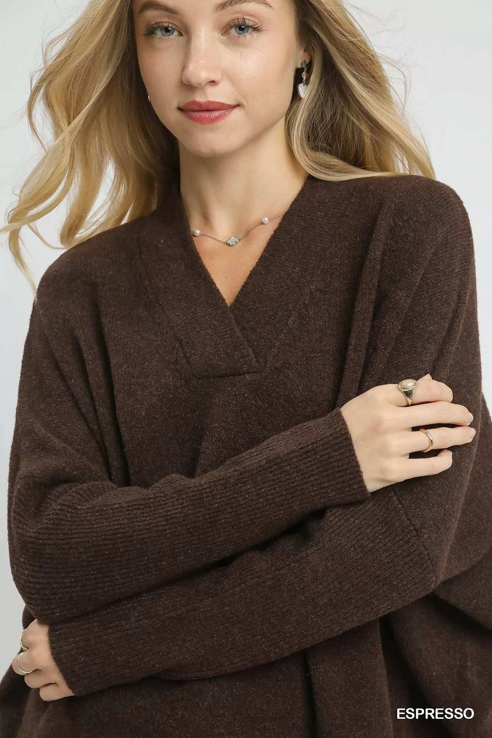 Umgee V-Neck Sweater with Wide Trim Detail - Trendsi - Flyclothing LLC