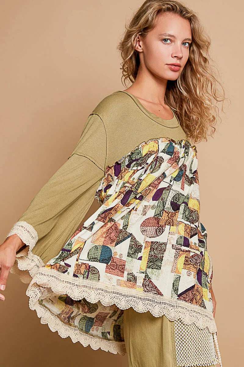 POL Bohemian Geometric Print Long Sleeve Top with Lace Trim - Trendsi - Flyclothing LLC
