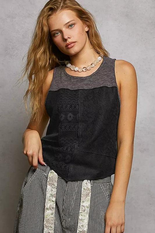 POL Ribbed Round Neck Cropped Tank with Lace Detail - Trendsi - Flyclothing LLC