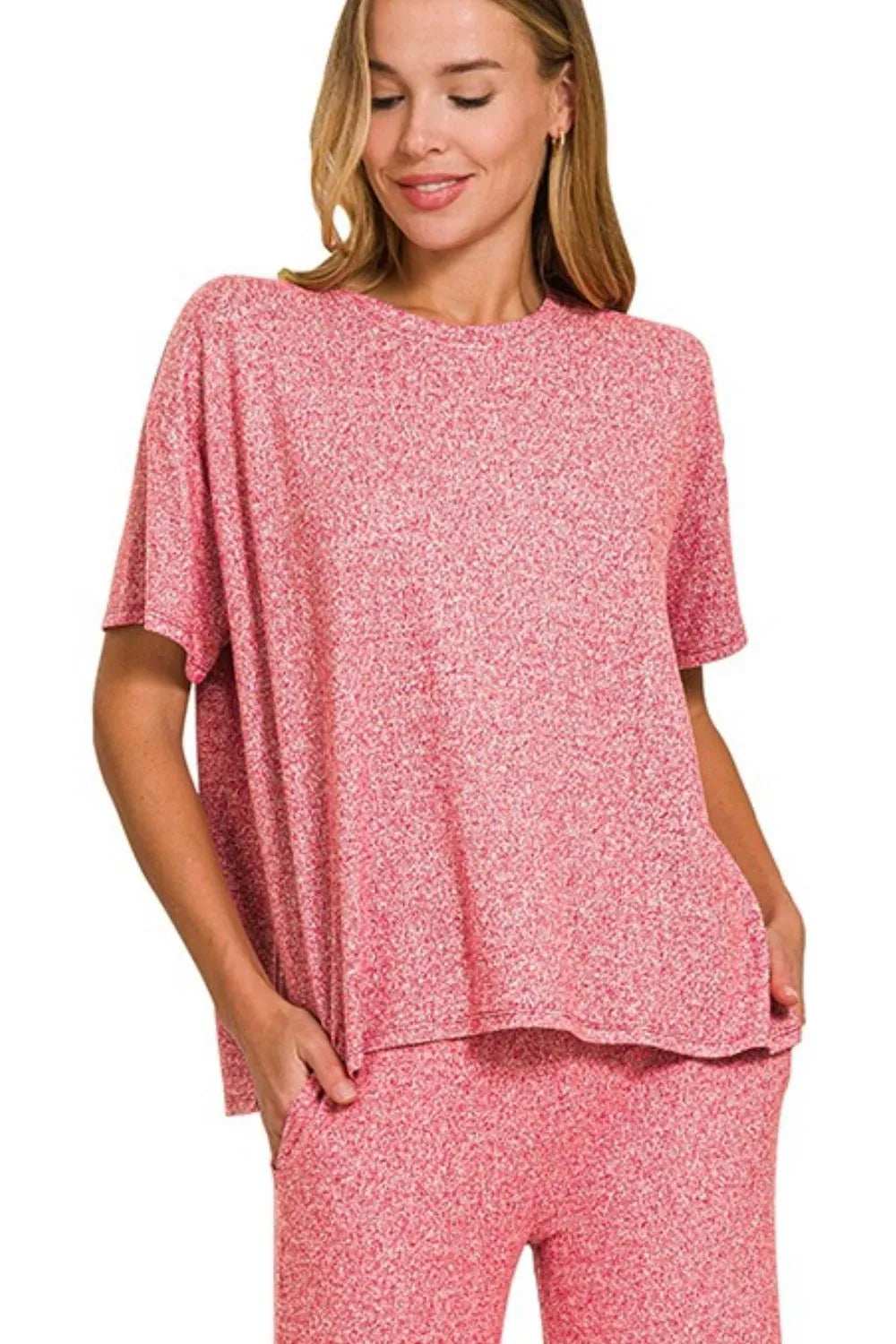 Zenana Soft Melange Short Sleeve Tee & Long Pants Set - Trendsi - Flyclothing LLC