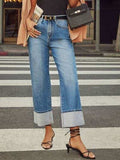 High Waisted Straight Leg Rolled Jeans - Trendsi - Flyclothing LLC