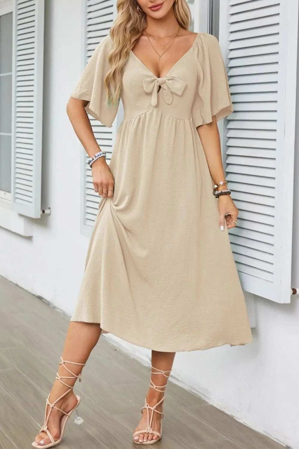 Smocked Tie Front Flutter Sleeve Midi Dress - Trendsi - Flyclothing LLC