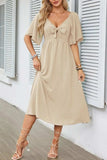 Smocked Tie Front Flutter Sleeve Midi Dress - Trendsi - Flyclothing LLC