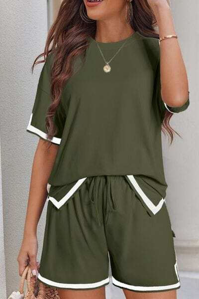 Contrast Trim Tee and Shorts Set - Trendsi - Flyclothing LLC