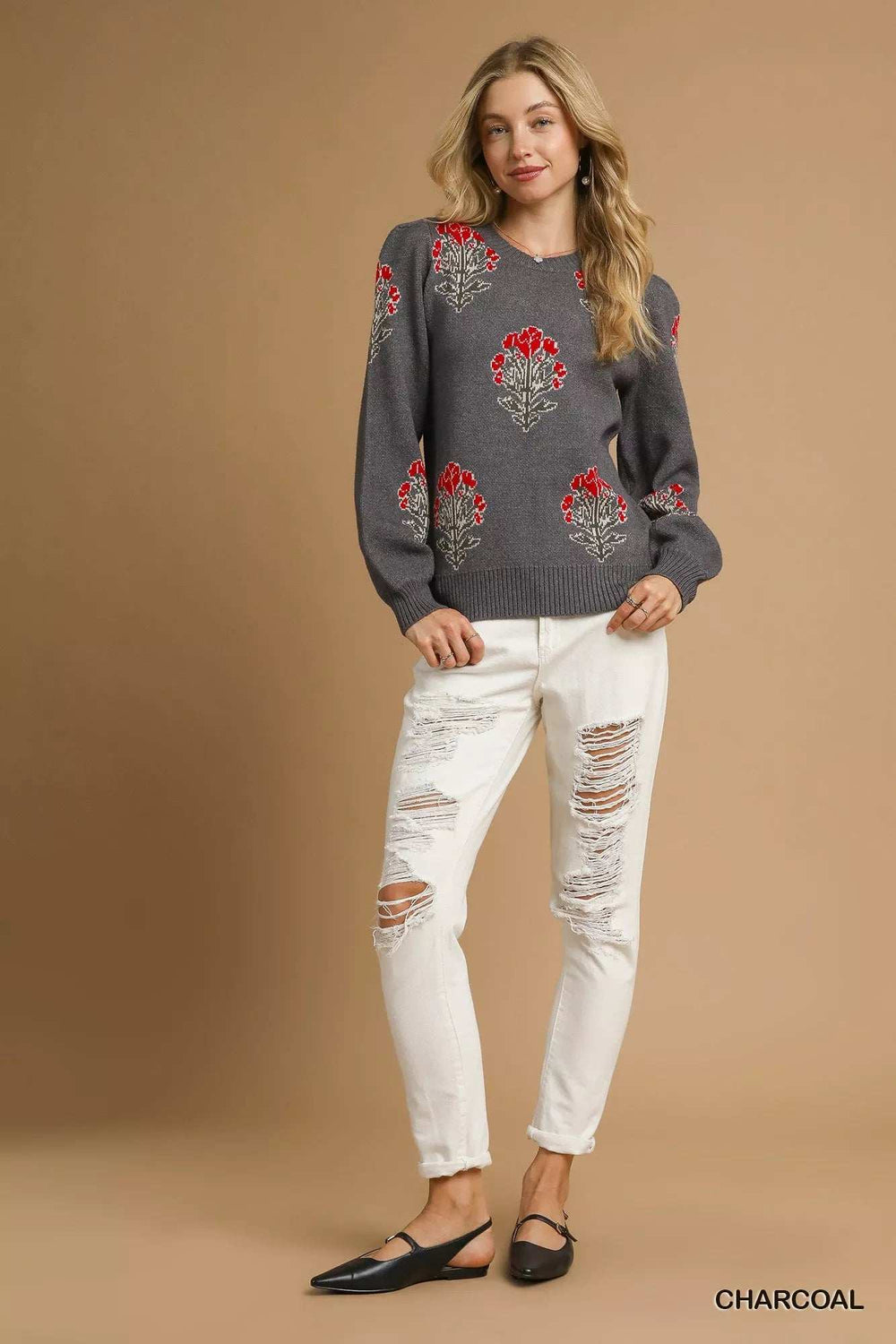 Umgee Single Flower Stem Jacquard Sweater - Trendsi - Flyclothing LLC