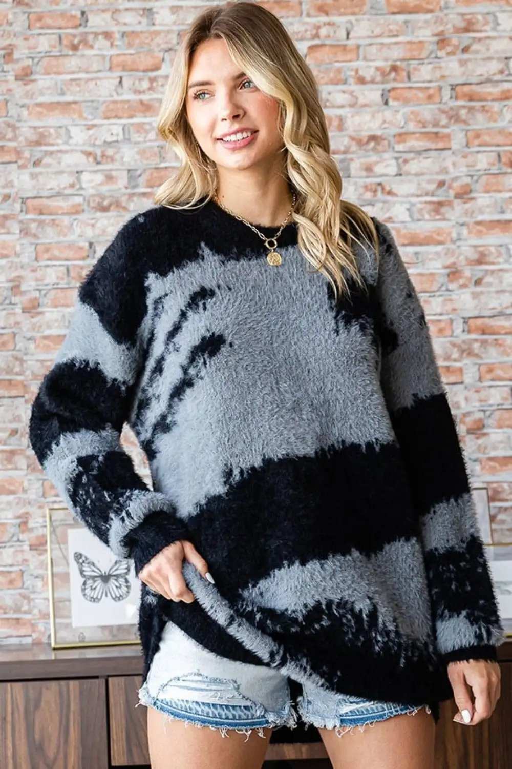 First Love Full Size Abstract Pattern Contrast Feather Yarn Sweater - Trendsi - Flyclothing LLC