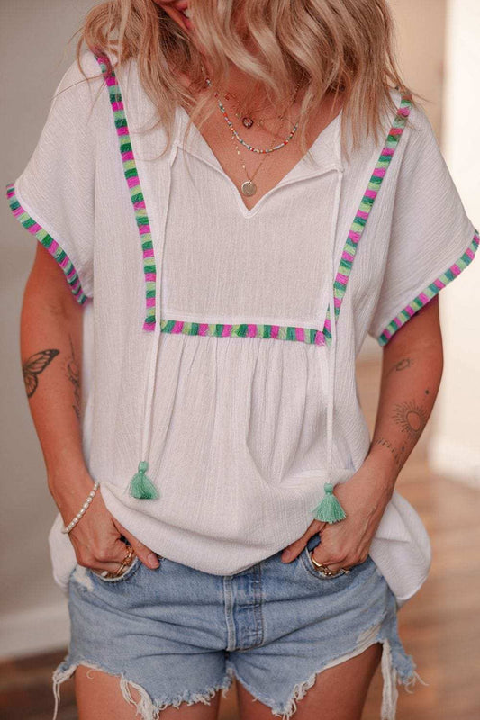 Tassel Tie Neck Short Sleeve Blouse - Trendsi - Flyclothing LLC