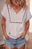Tassel Tie Neck Short Sleeve Blouse - Trendsi - Flyclothing LLC