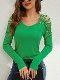 Rhinestone Cutout Long Sleeve T-Shirt - Trendsi - Flyclothing LLC