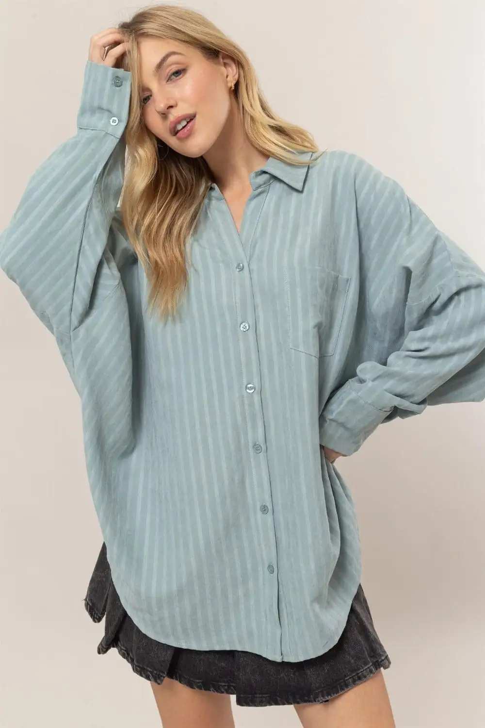 HYFVE Stripe Button Down Long Sleeve Oversized Shirt - Trendsi - Flyclothing LLC