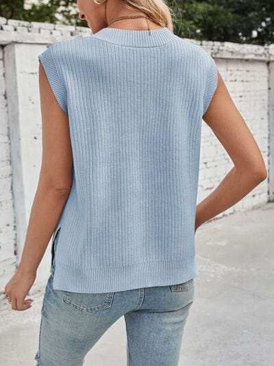 Lovelet Ribbed V-Neck Slit Sweater Vest - Trendsi - Flyclothing LLC