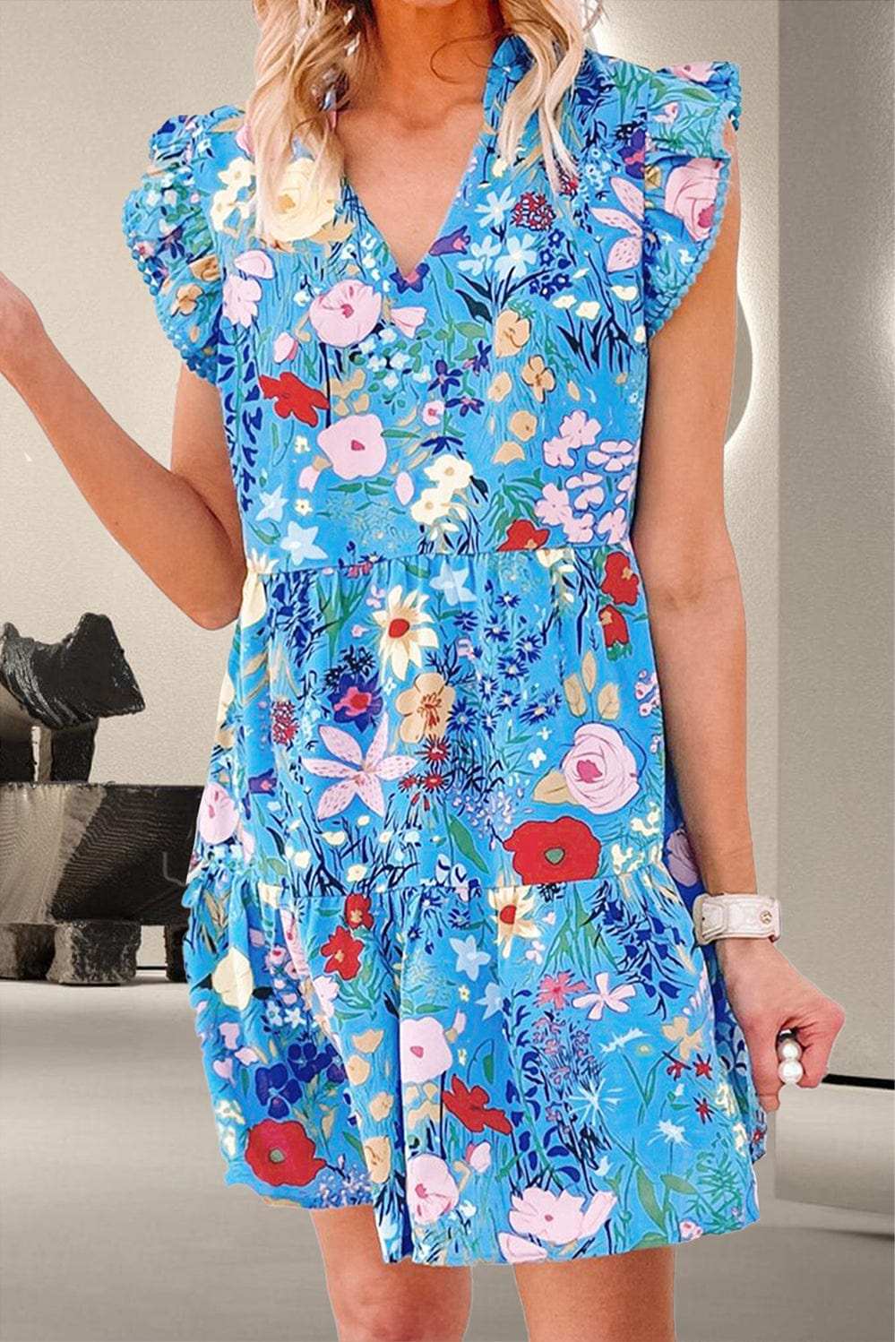 Tiered Floral Cap Sleeve Dress - Trendsi - Flyclothing LLC