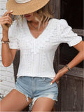 Eyelet Lace Detail V-Neck Flounce Sleeve Blouse - Trendsi - Flyclothing LLC