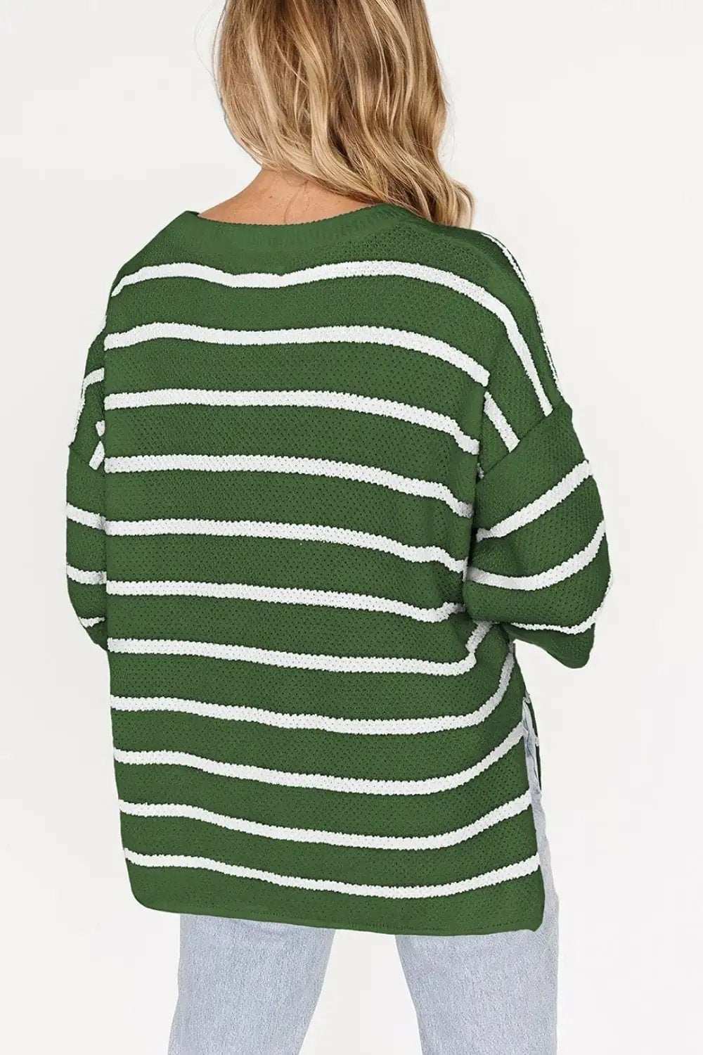 Stripe Drop Shoulder Side Slit Knit Top - Trendsi - Flyclothing LLC