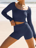 Scoop Neck Long Sleeve Top and Shorts Set - Trendsi - Flyclothing LLC