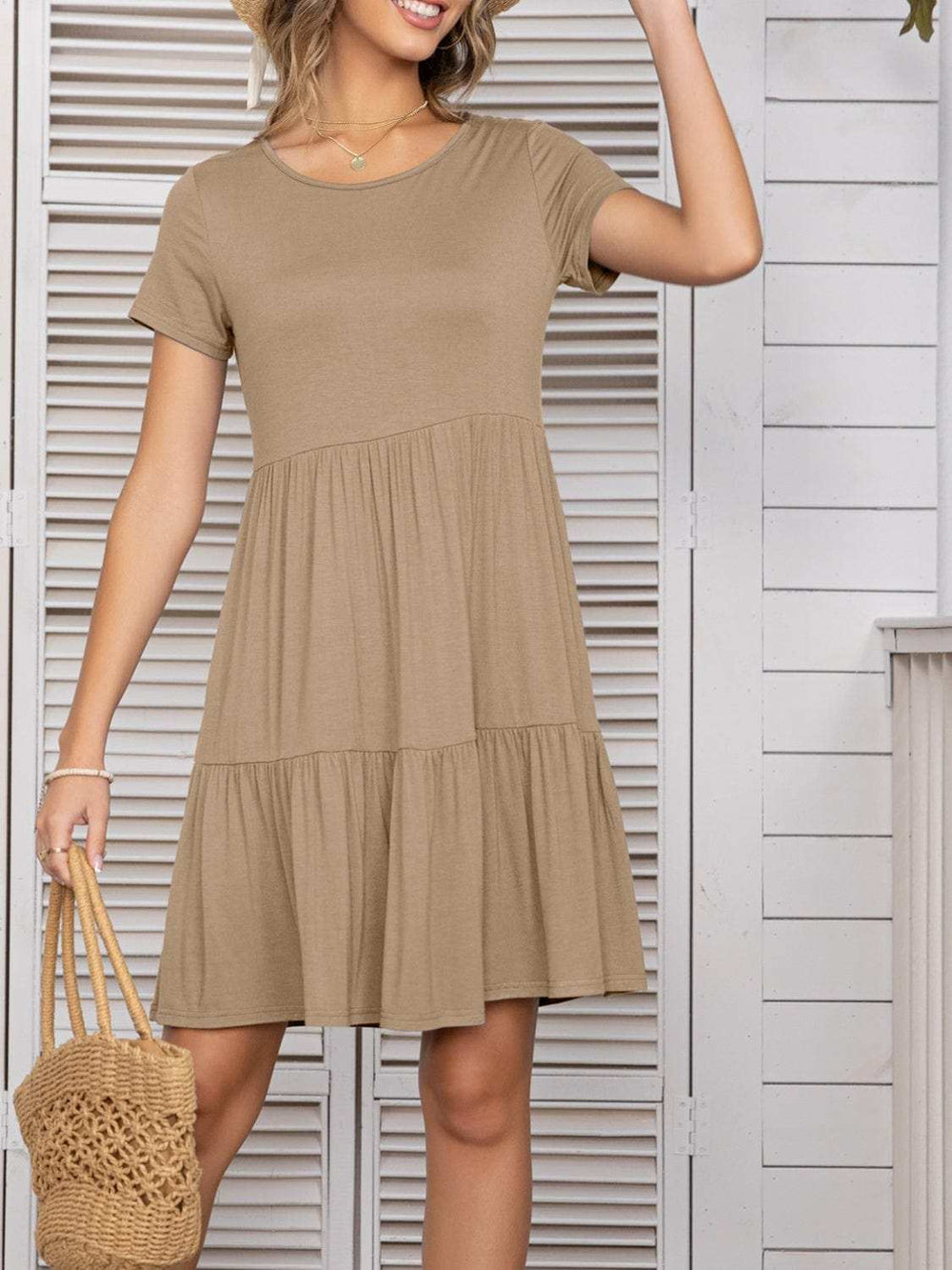 Round Neck Short Sleeve Mini Tee Dress - Trendsi - Flyclothing LLC