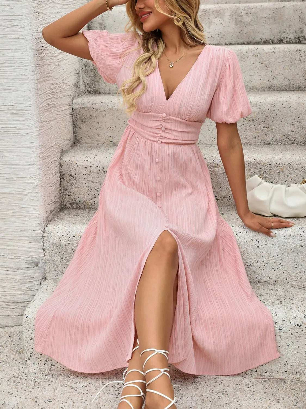 V-Neck Puff Sleeve Dress - Trendsi - Flyclothing LLC