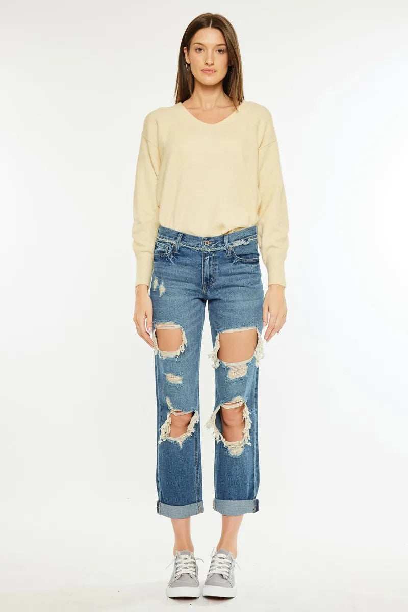 Kancan Distressed Mid Rise True Boyfriend Jeans - Trendsi - Flyclothing LLC