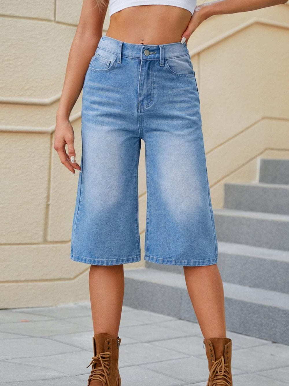 High Waist Denim Shorts with Pockets - Trendsi - Flyclothing LLC