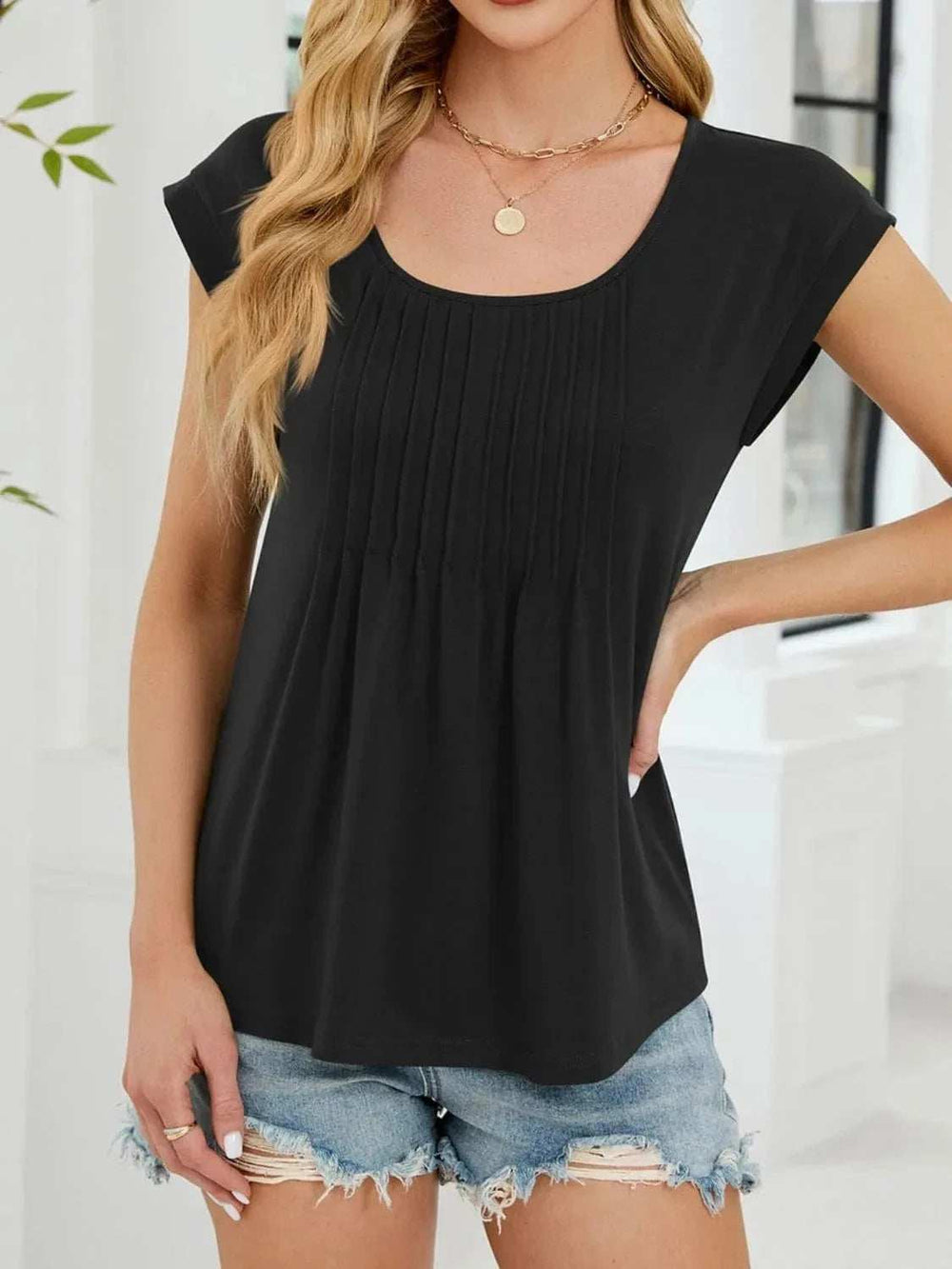 Pleated Front Scoop Neck T-Shirt - Trendsi - Flyclothing LLC