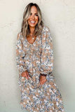 Printed V-Neck Long Sleeve Dress - Trendsi - Flyclothing LLC