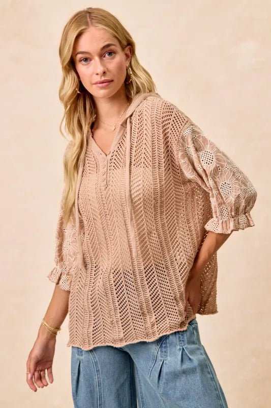 BiBi Jacquard Flower Puff Sleeve Hooded Knit Top - Trendsi - Flyclothing LLC