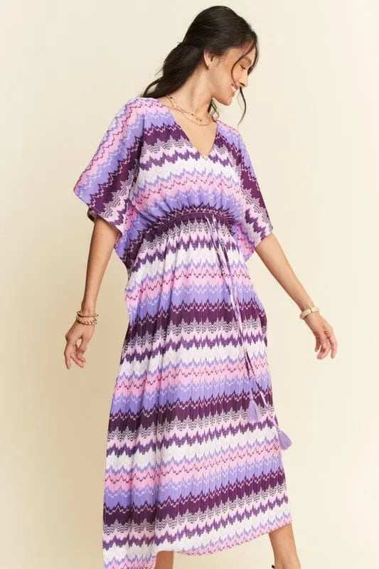 Davi & Dani Multi Color Wavy Tie Waist Flowy Sleeve Dress - Trendsi - Flyclothing LLC