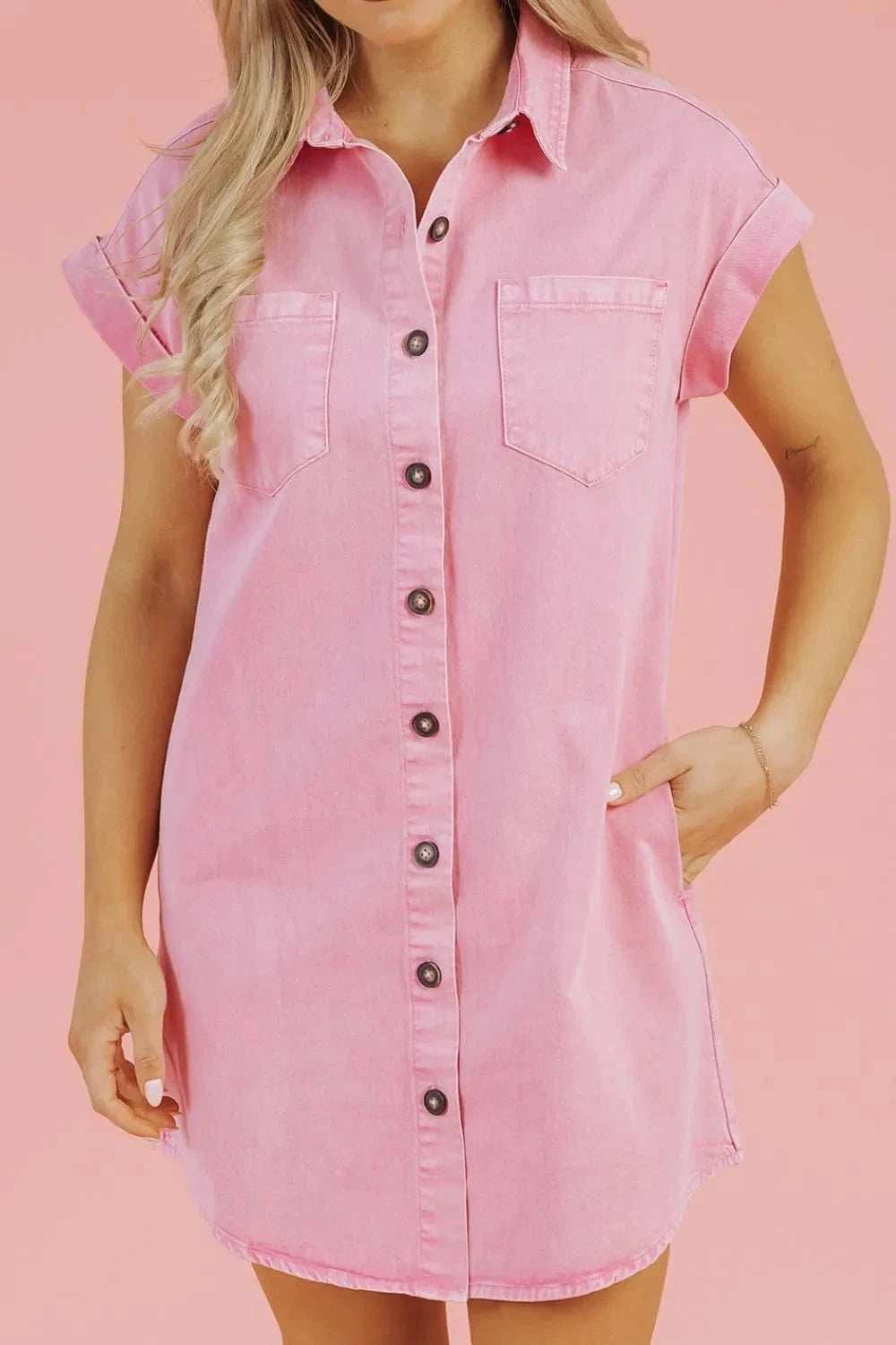 Button Down Short Sleeve Denim Dress - Trendsi - Flyclothing LLC