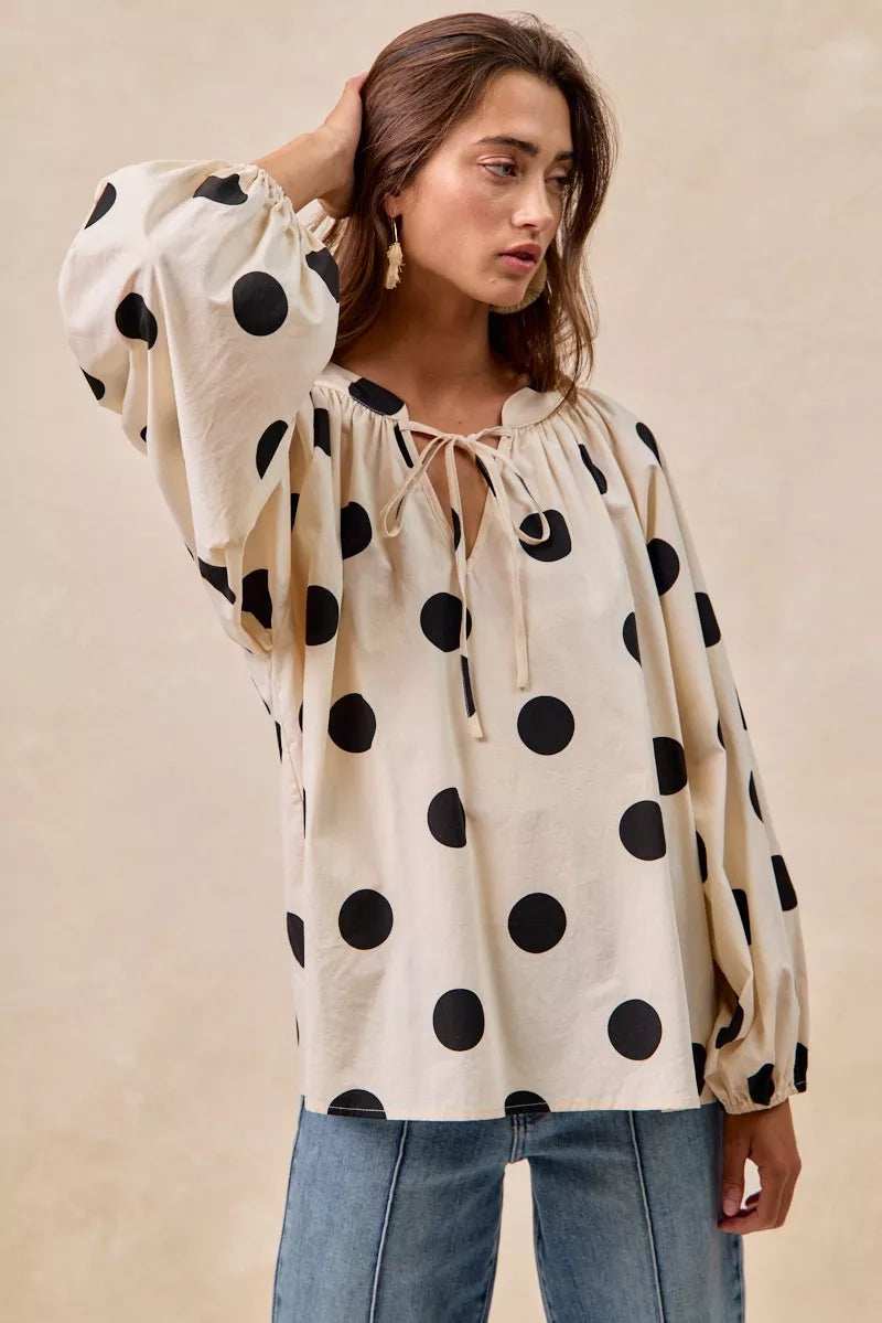 BiBi Polka Dot Exaggerated Balloon Sleeves Blouse - Trendsi - Flyclothing LLC