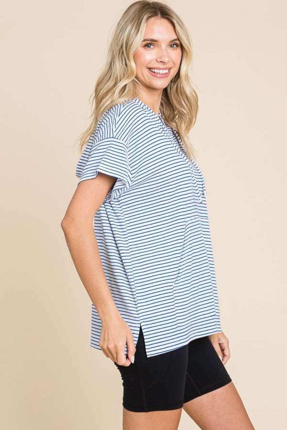 Culture Code Full Size Striped Short Sleeve Hooded Top - Trendsi - Flyclothing LLC