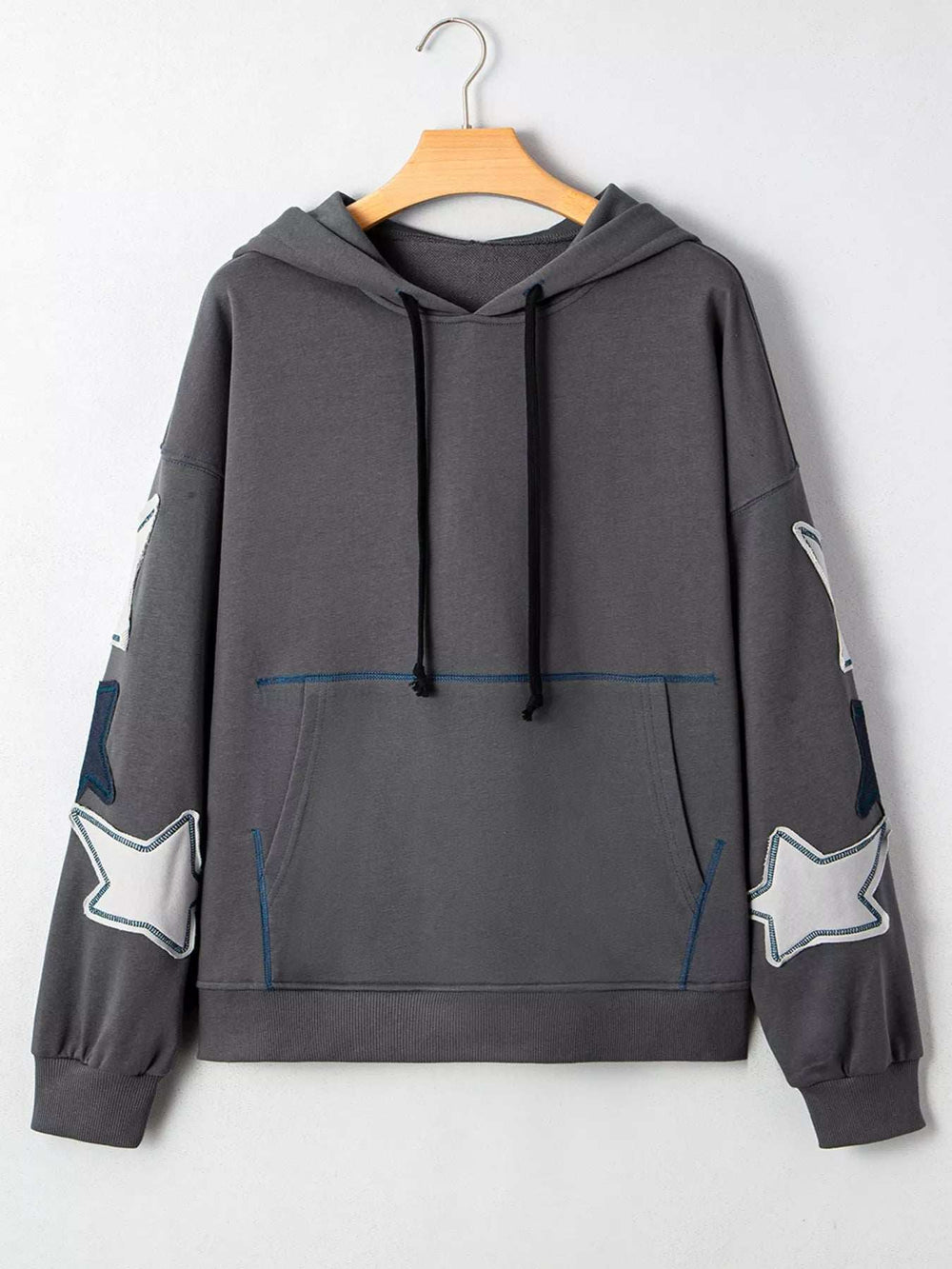 Star Patchwork Contrast Stitching Mineral Wash Kangaroo Pocket Hoodie - Trendsi - Flyclothing LLC