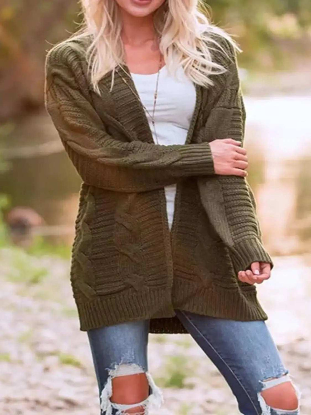 Cable-Knit Open Front Long Sleeve Cardigan - Trendsi - Flyclothing LLC