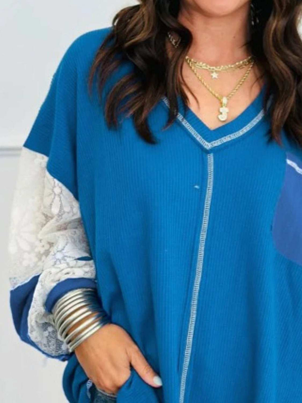 Lace Patchwork Sleeve Stitching V Neck Top - Trendsi - Flyclothing LLC
