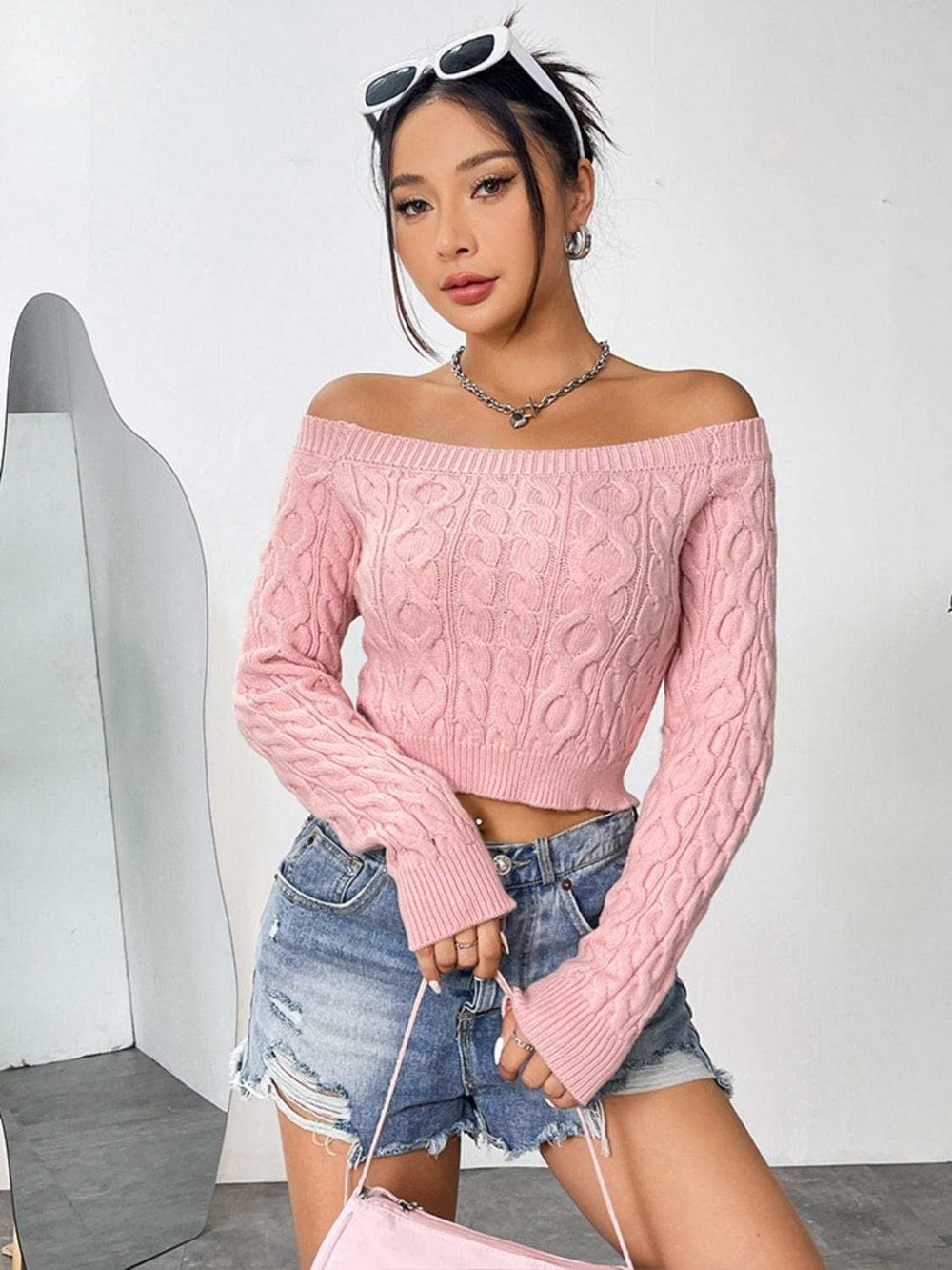 Cable-Knit Off-Shoulder Long Sleeve Knit Top - Trendsi - Flyclothing LLC
