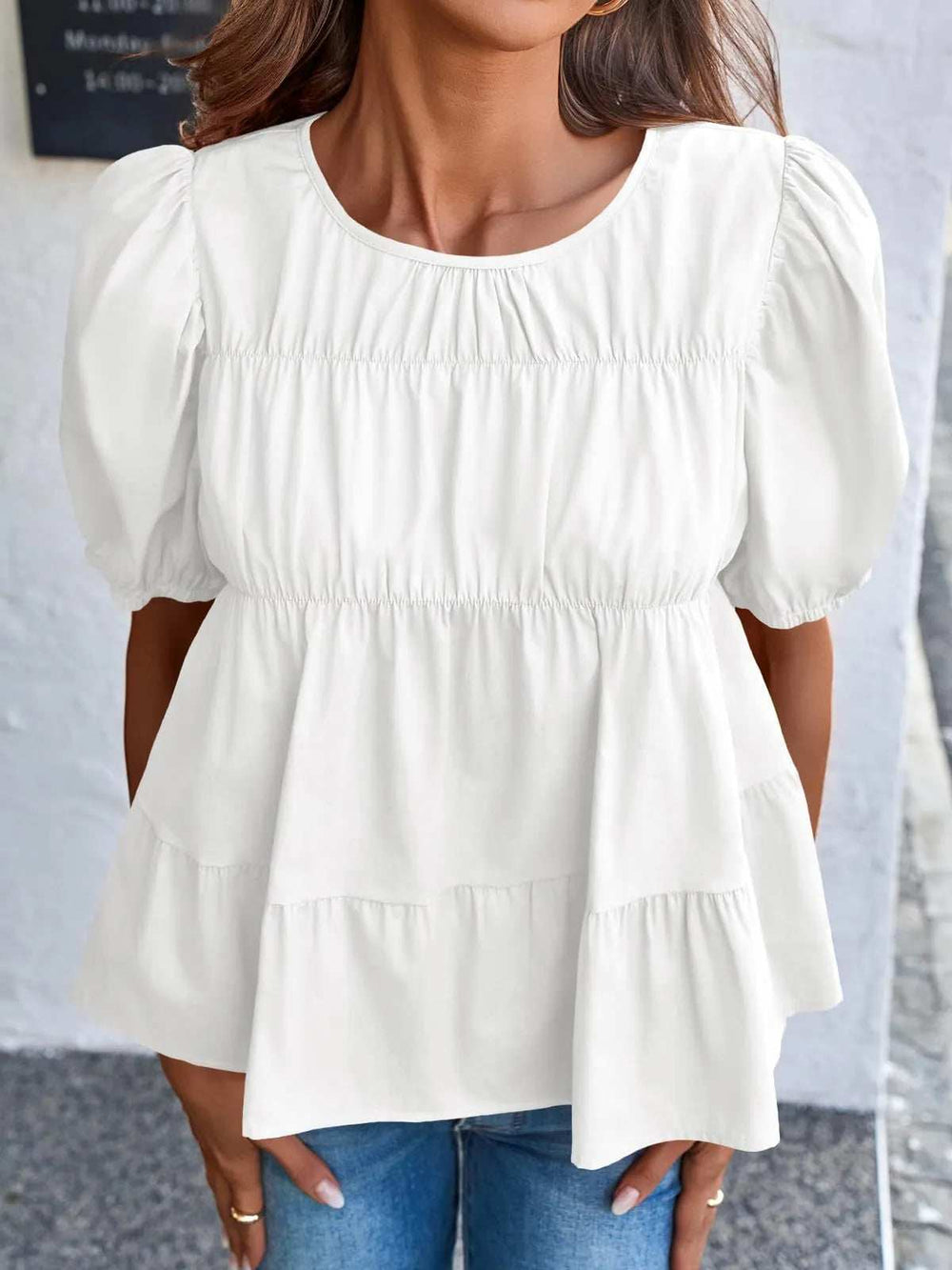 Round Neck Puff Sleeve Tiered Blouse - Trendsi - Flyclothing LLC
