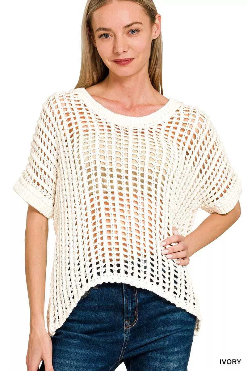 Zenana Fish Net Short Sleeve Crochet Knit Cover Up - Trendsi - Flyclothing LLC