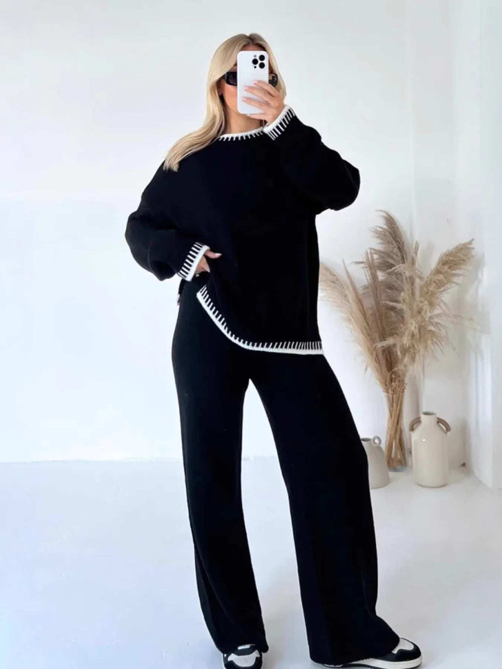 Contrast Trim Round Neck Top and Pants Sweater Set - Trendsi - Flyclothing LLC