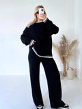 Contrast Trim Round Neck Top and Pants Sweater Set - Trendsi - Flyclothing LLC