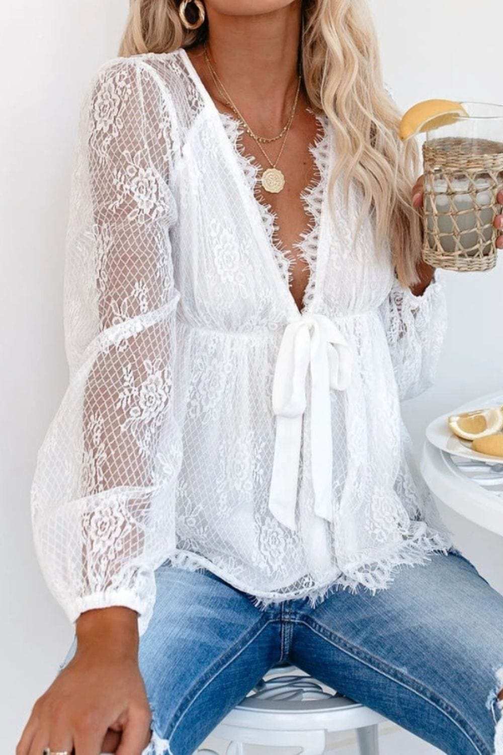 Lace Detail Plunge Long Sleeve Blouse - Trendsi - Flyclothing LLC