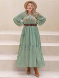 Plus Size Tassel Printed Tie Neck Long Sleeve Midi Dress - Trendsi - Flyclothing LLC