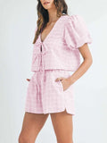 V-Neck Puff Sleeve Top and Shorts Set - Trendsi - Flyclothing LLC