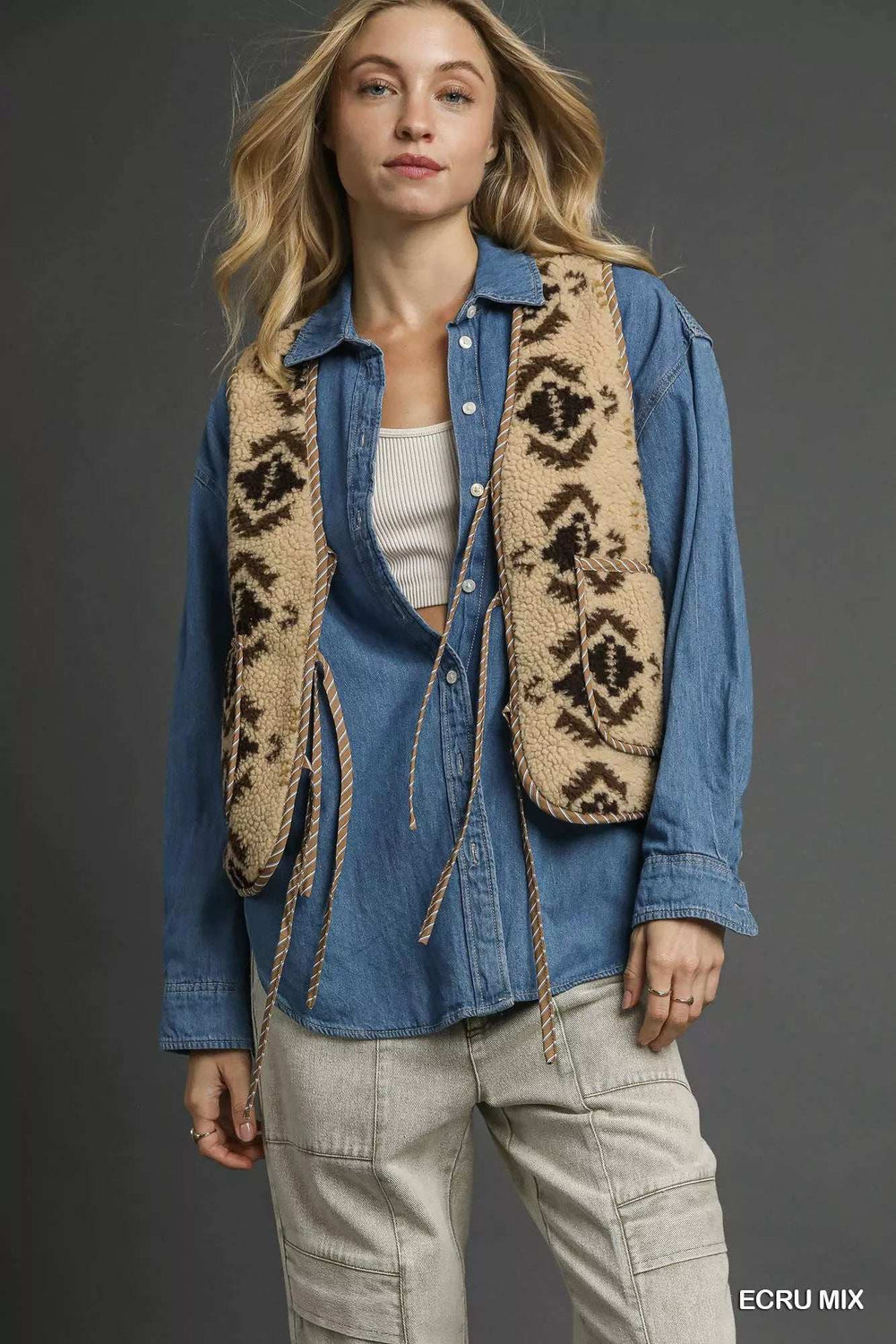 Umgee Mix Patterned Sherpa Tie-Front Vest - Trendsi - Flyclothing LLC